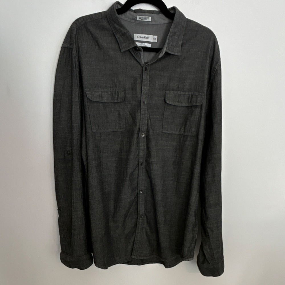 Calvin‎ Klein Men's Gray Cotton Body Fit Button-Up Shirt Long Sleeve XL